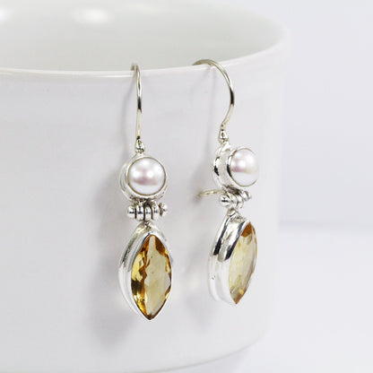 citrine earrings 925 sterling silver dangle with genuine freshwater pearl