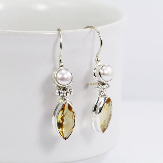 citrine earrings 925 sterling silver dangle with genuine freshwater pearl