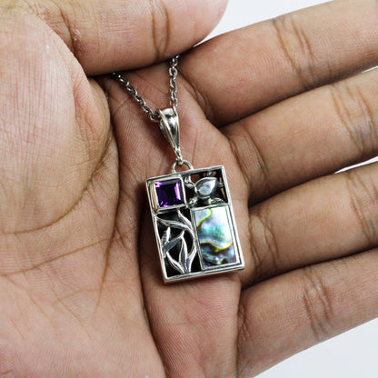 turtle and Sealife Pendant Necklace 925 sterling silver with genuine amethyst and abalone shell