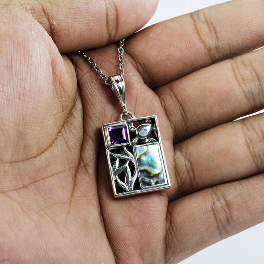 turtle and Sealife Pendant Necklace 925 sterling silver with genuine amethyst and abalone shell