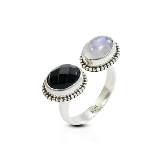 Bypass ring 925 sterling silver with genuine moonstone and black onyx decorated with dot bezel