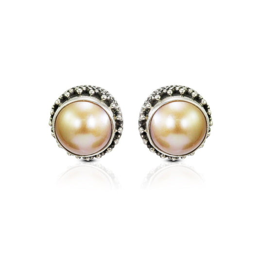 Golden Mabe Pearl stud earrings 925 sterling silver 10 mm Round  double bezel set decorated dot ornament