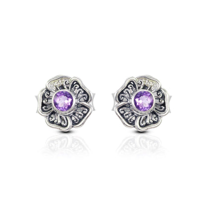 flower earrings studs with genuine round 6 mm Amethyst decorated with 925 sterling silver handmade filigree