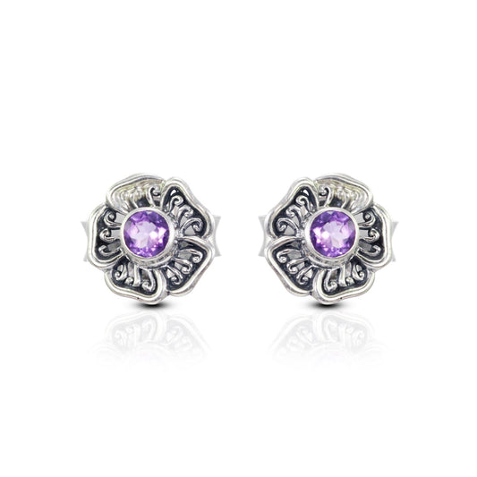 flower earrings studs with genuine round 6 mm Amethyst decorated with 925 sterling silver handmade filigree