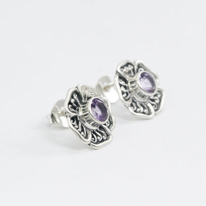 flower earrings studs with genuine round 6 mm Amethyst decorated with 925 sterling silver handmade filigree