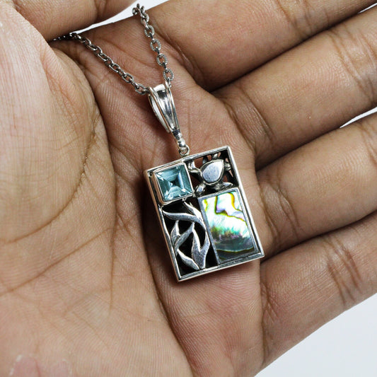 turtle and Sealife Pendant Necklace 925 sterling silver with genuine blue topaz and abalone shell