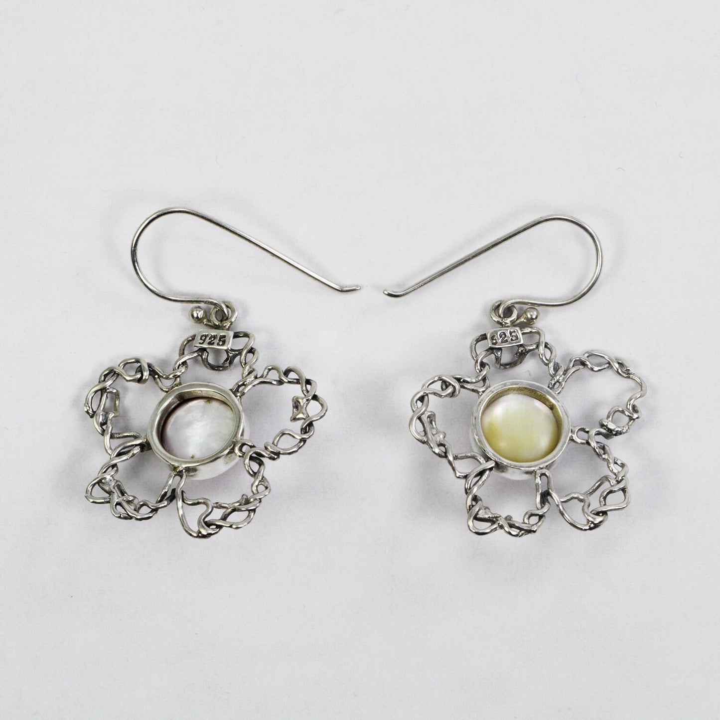 pink mabe pearl earrings 925 sterling silver 10 mm round decorated with flower shape handmade wire