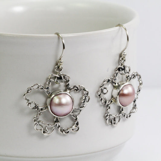 pink mabe pearl earrings 925 sterling silver 10 mm round decorated with flower shape handmade wire
