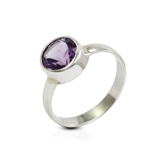 Round Amethyst solitaire ring for women 8 mm round handmade bezel set in 925 sterling silver