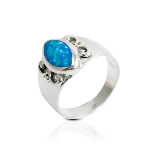 Blue opal ring 925 sterling silver with wide band and swirl filigree