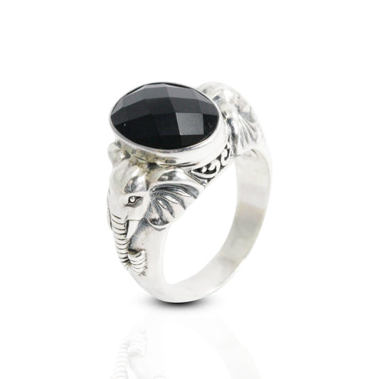 elephant ring 925 sterling silver with genuine black onyx bezel set