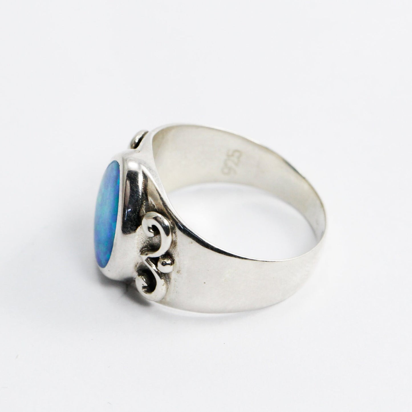 wide band ring 925 sterling silver with created opal decorated with swirl filigree