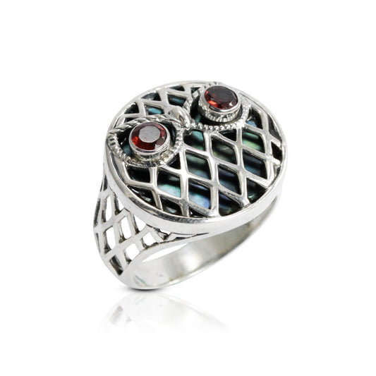 owl ring 925 sterling silver with natural garnet decorated with open work Celtic ornament