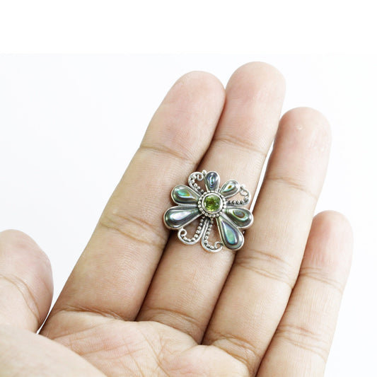 butterfly ring 925 sterling silver with natural green peridot and abalone shell