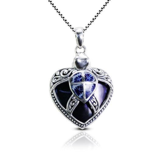 Turtle pendant 925 sterling silver decorated with swirl filigree ornament, black shell and genuine blue coral
