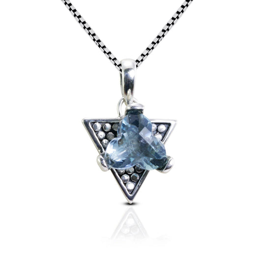 Blue topaz necklace pendant triangle shape 925 sterling silver with unique pronk setting and dot ornament