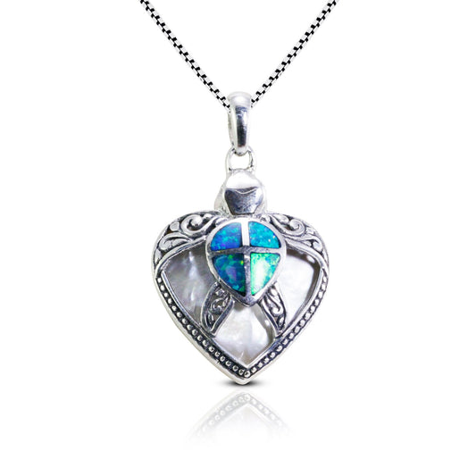 Turtle pendant 925 sterling silver decorated with swirl filigree ornament, white shell and created opal
