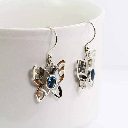 butterfly earrings 925 sterling silver with genuine blue topaz and natural white shell