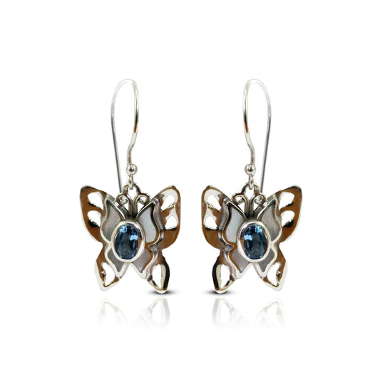 butterfly earrings 925 sterling silver with genuine blue topaz and natural white shell
