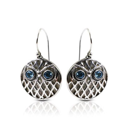 Owl earrings 925 sterling silver with genuine blue topaz and white shell decorated with open work ornament