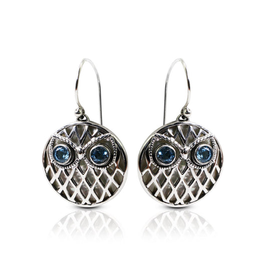 Owl earrings 925 sterling silver with genuine blue topaz and white shell decorated with open work ornament