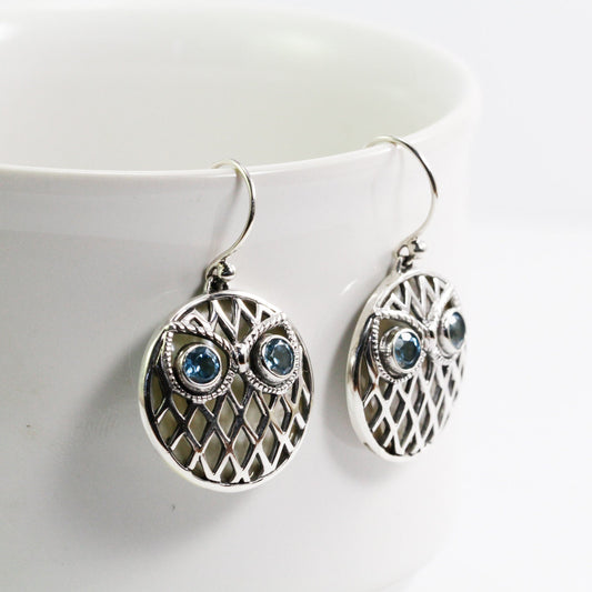 Owl earrings 925 sterling silver with genuine blue topaz and white shell decorated with open work ornament