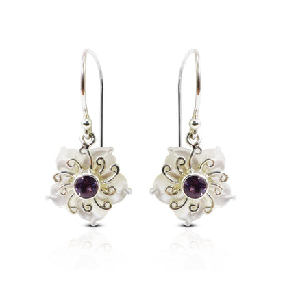 flower earrings 925 sterling silver with genuine amethyst and natural white shell