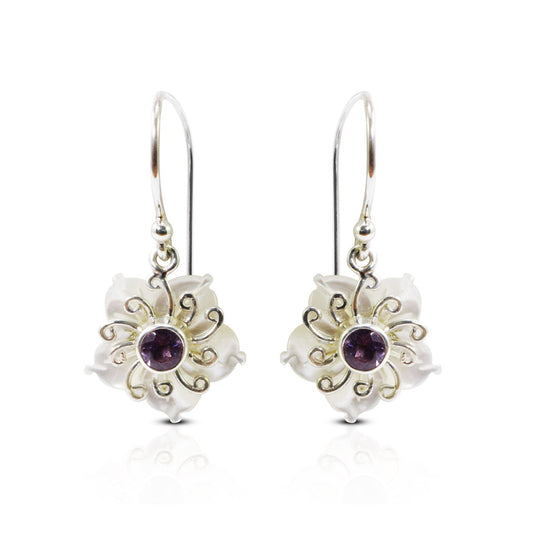 flower earrings 925 sterling silver with genuine amethyst and natural white shell
