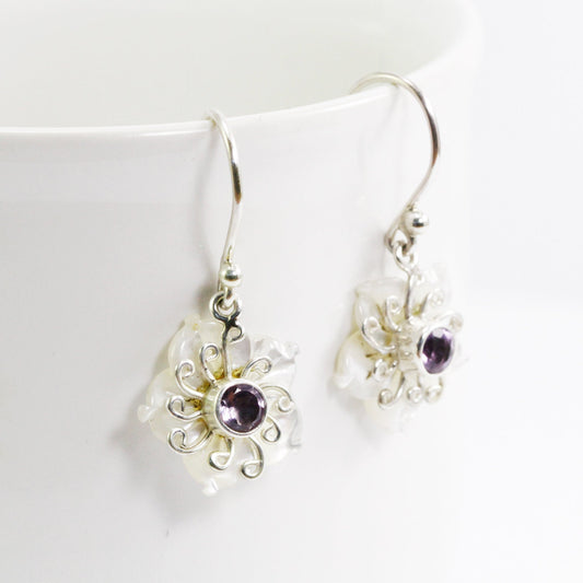 flower earrings 925 sterling silver with genuine amethyst and natural white shell
