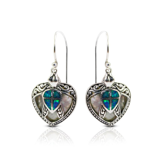 turtle earrings 925 sterling silver decorated with lab created opal, swirl filigree and white shell