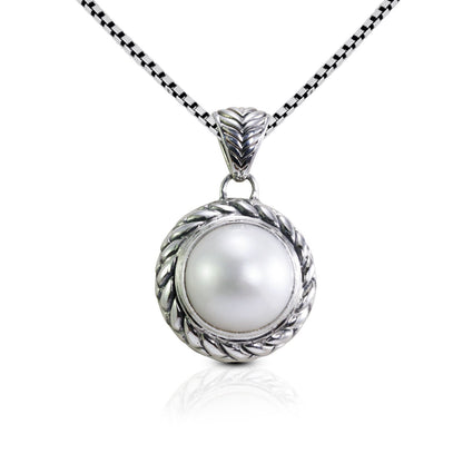 white mabe pearl pendant necklace 14 mm in 925 sterling silver decorated with cable ornament,