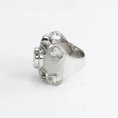 Wide band ring for women 925 sterling silver with genuine white crystal decorated with filigree ornament
