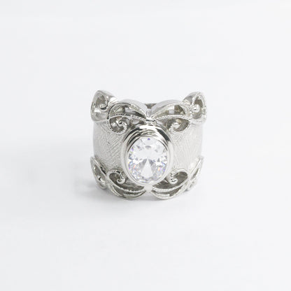 Wide band ring for women 925 sterling silver with genuine white crystal decorated with filigree ornament