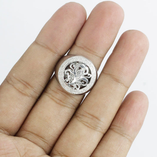round ring 925 sterling silver decorated with open work filigree ornament and white zircon