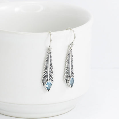 feather earrings 925 sterling silver with genuine blue topaz 4*6 mm bezel set