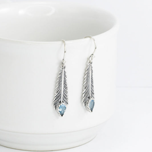 feather earrings 925 sterling silver with genuine blue topaz 4*6 mm bezel set