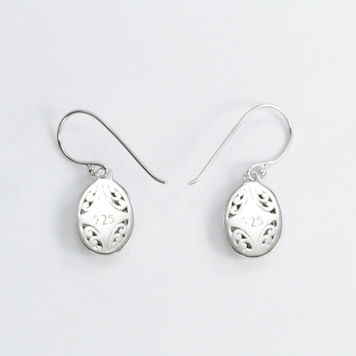 oval earrings 925 sterling silver decorated with open work filigree and white zircon