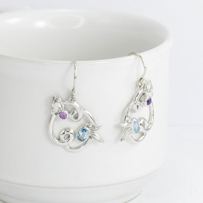Floral earrings dangle 925 sterling silver with genuine blue topaz and natural amethyst