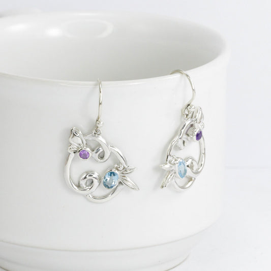 Floral earrings dangle 925 sterling silver with genuine blue topaz and natural amethyst