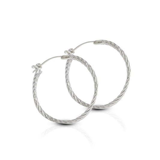 Hoop Earrings 925 sterling silver with cable style and push back closure 40 mm round