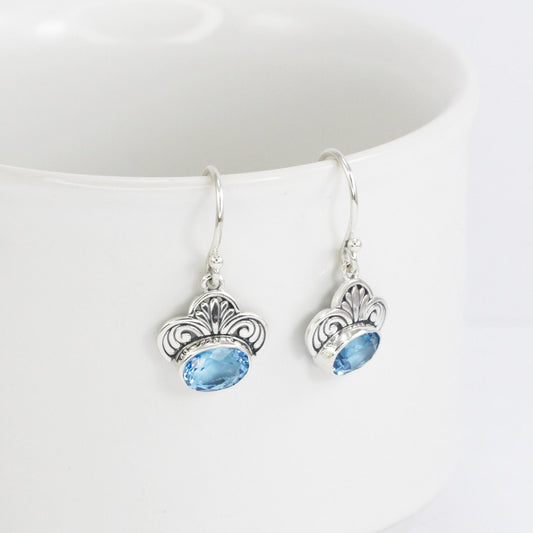 genuine blue topaz earrings 925 sterling silver decorated with swirl filigree flower ornament