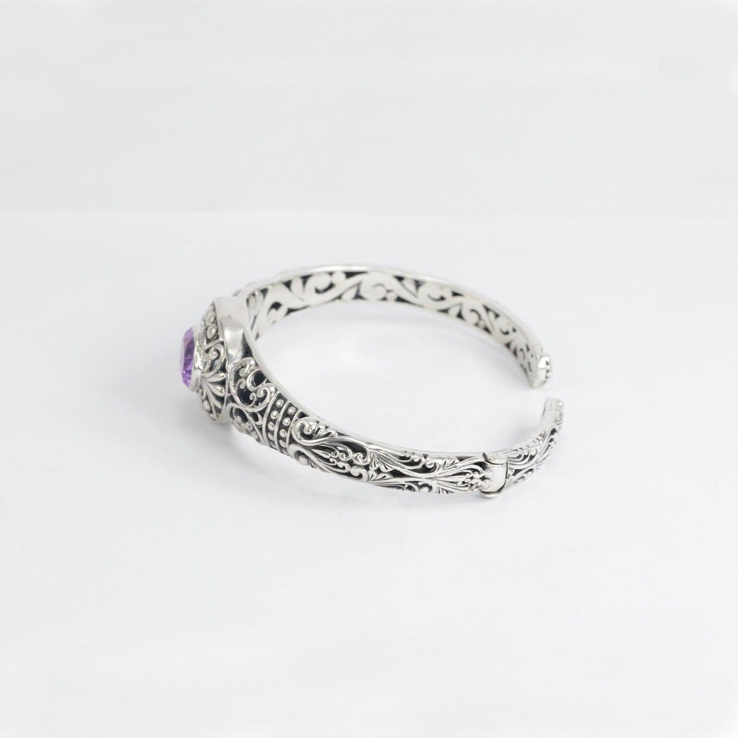 amethyst cuff bangle hinged bracelet 925 sterling silver decorated with open work filigree ornament
