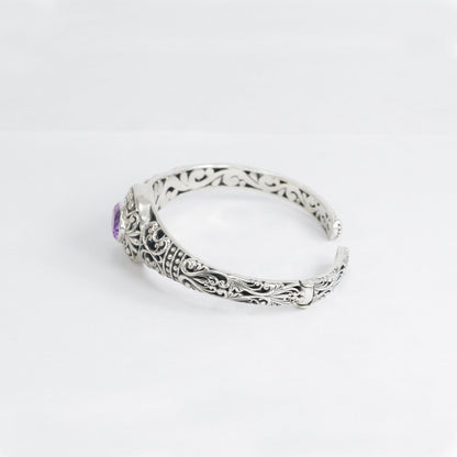 amethyst cuff bangle hinged bracelet 925 sterling silver decorated with open work filigree ornament
