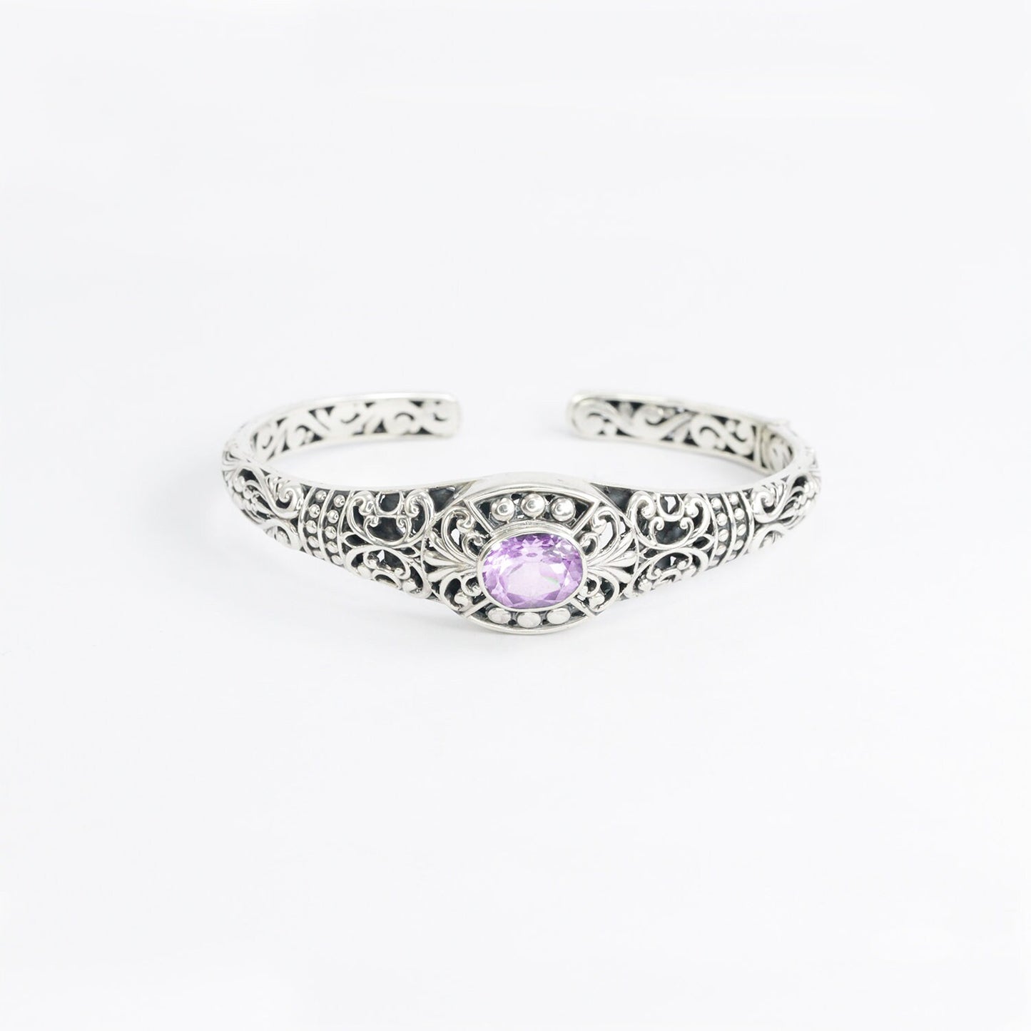 amethyst cuff bangle hinged bracelet 925 sterling silver decorated with open work filigree ornament