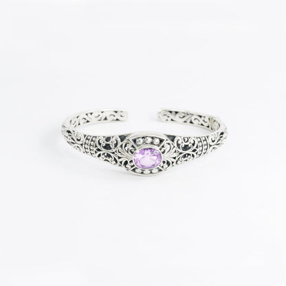 amethyst cuff bangle hinged bracelet 925 sterling silver decorated with open work filigree ornament