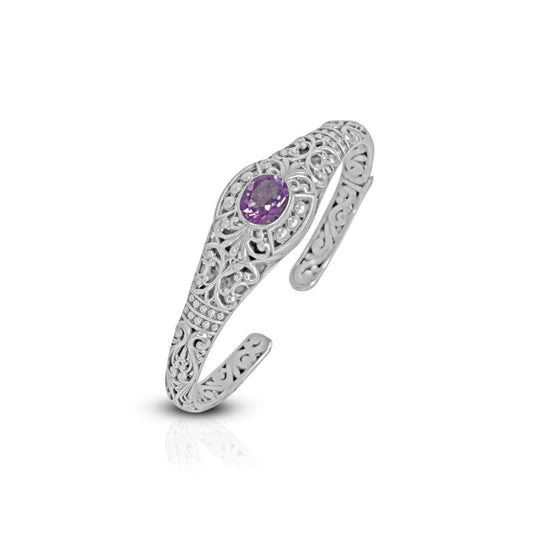 amethyst cuff bangle hinged bracelet 925 sterling silver decorated with open work filigree ornament