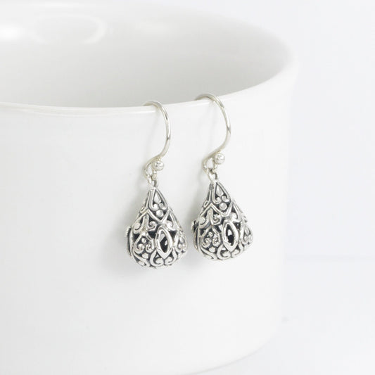 silver earrings drop full filigree ornament 925 sterling silver with antique finish