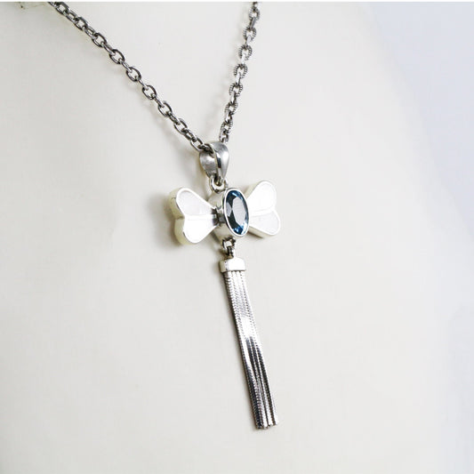 Dragonfly pendant necklace 925 sterling silver genuine blue topaz decorated with chain tails moveable