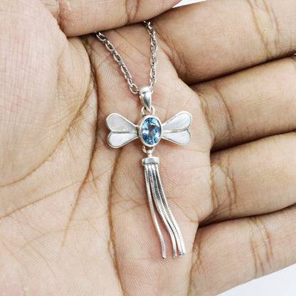 Dragonfly pendant necklace 925 sterling silver genuine blue topaz decorated with chain tails moveable