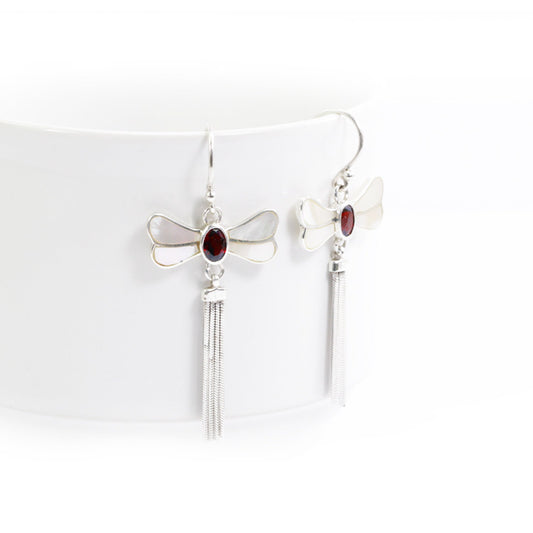 dragonfly earrings 925 sterling silver with genuine red garnet decorated with chain tails